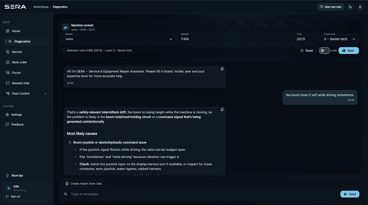 SERA Diagnostics workspace showing machine context and a structured heavy-equipment troubleshooting conversation