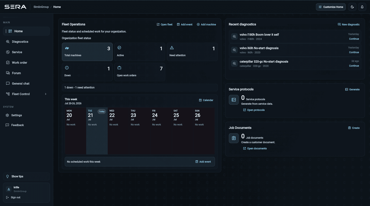 SERA home dashboard with fleet status, recent diagnostics, service protocols, job documents, and a weekly work calendar