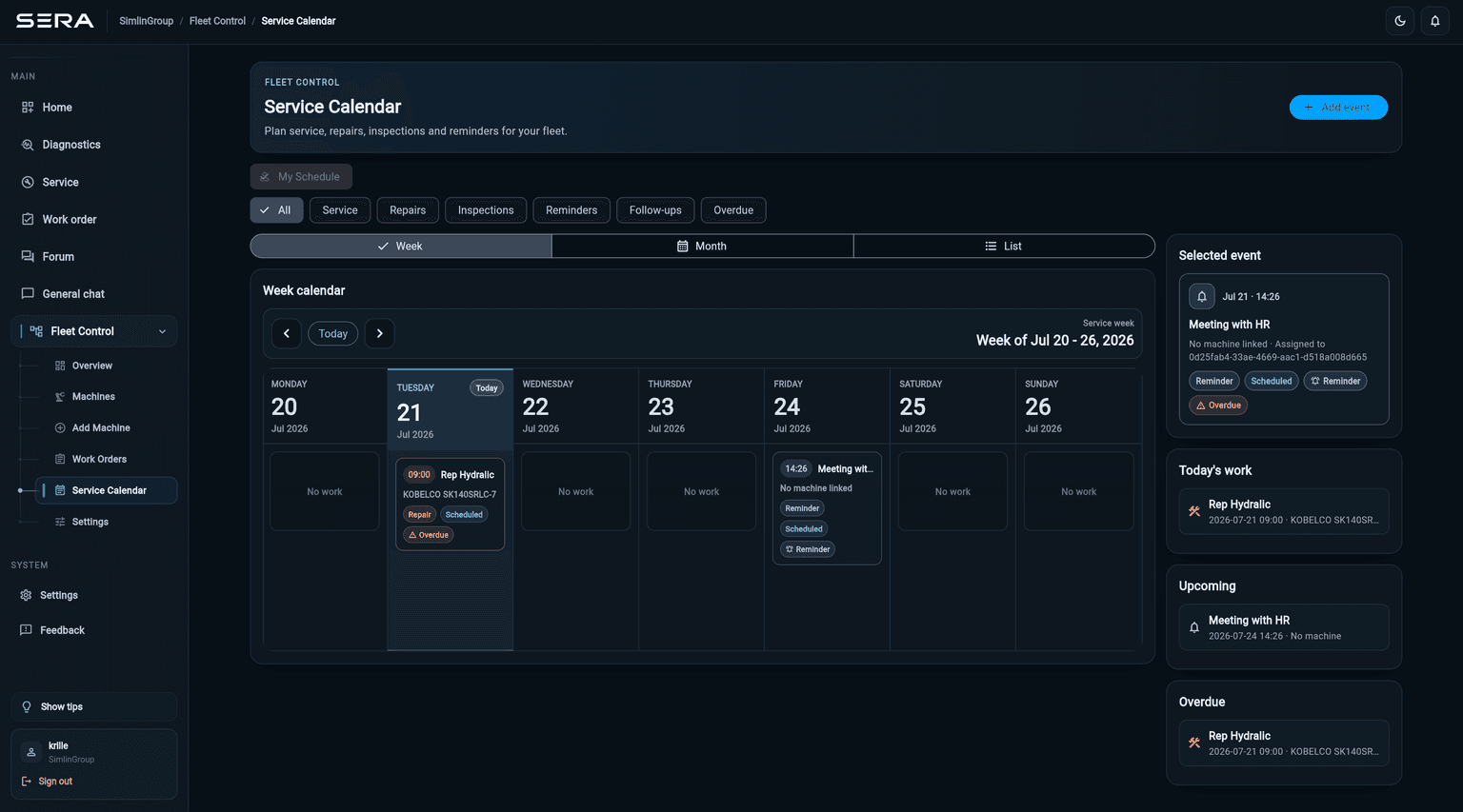 SERA service calendar showing scheduled repair work, reminders, and upcoming fleet events