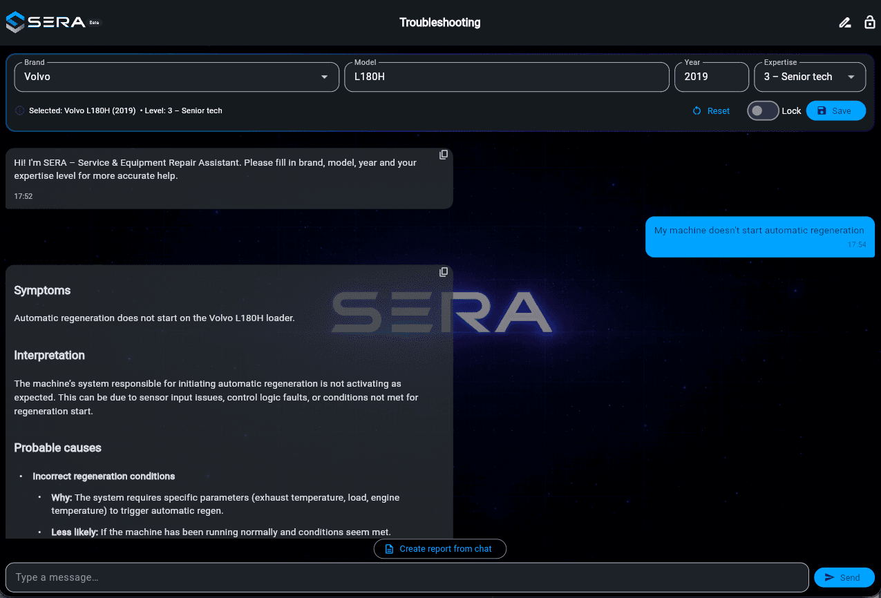 SERA troubleshooting - in-app screenshot